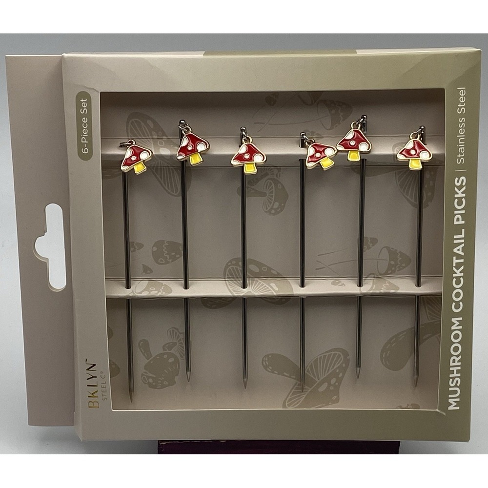 BKLYN Steel Co Cocktail Picks Set of 6 Mushrooms‎ Martinis Appetizers Stainless
